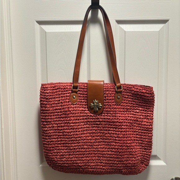 Patricia Nash | Manarola Raffia Tote Specialty Woven Straw Pink Brown Leather - Picture 1 of 12